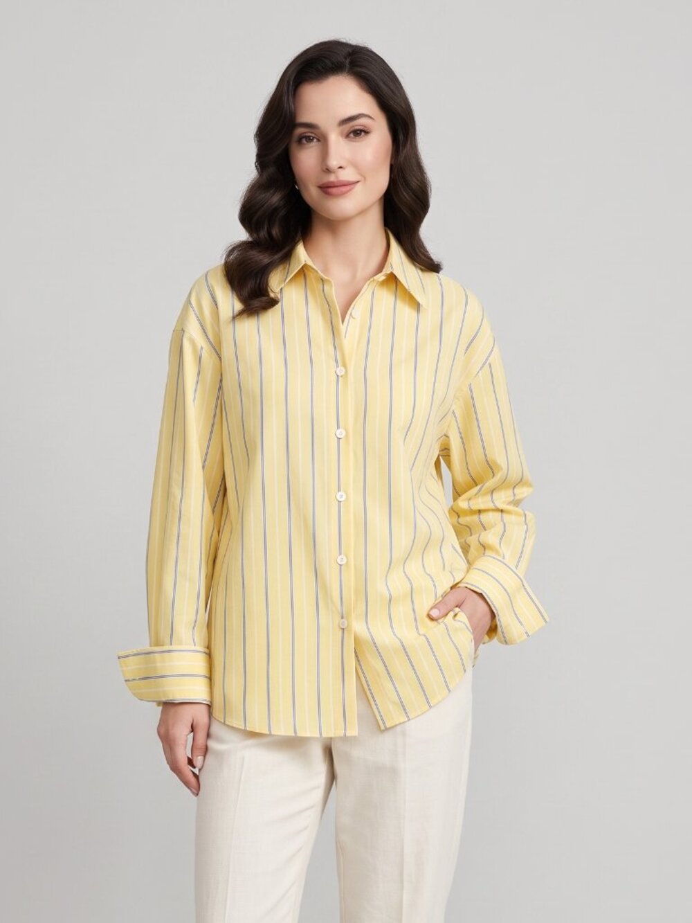 Women's Yellow Striped Button Up Shirt Long Sleeve Casual Oversized Blouse - Picture 1 of 4